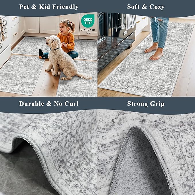 Rug Runners 2x6 Hallway Washable, Non Slip with Rubber Backing Carpet for Kitchen Bathroom Neutral Moroccan Vintage Oriental Distressed Area Rugs for Bedroom Laundry Room Entry Entryway, Grey/Ivory