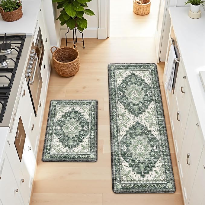 Boho Kitchen Mats for Floor 2 Piece Set Anti Fatigue Cushioned PVC Kitchen Rugs Non Slip Waterproof Farmhouse Mats 2/5 Inch Comfort Standing Mat for Sink, Laundry, Office, 17.3"x59"+17.3"x28", Green