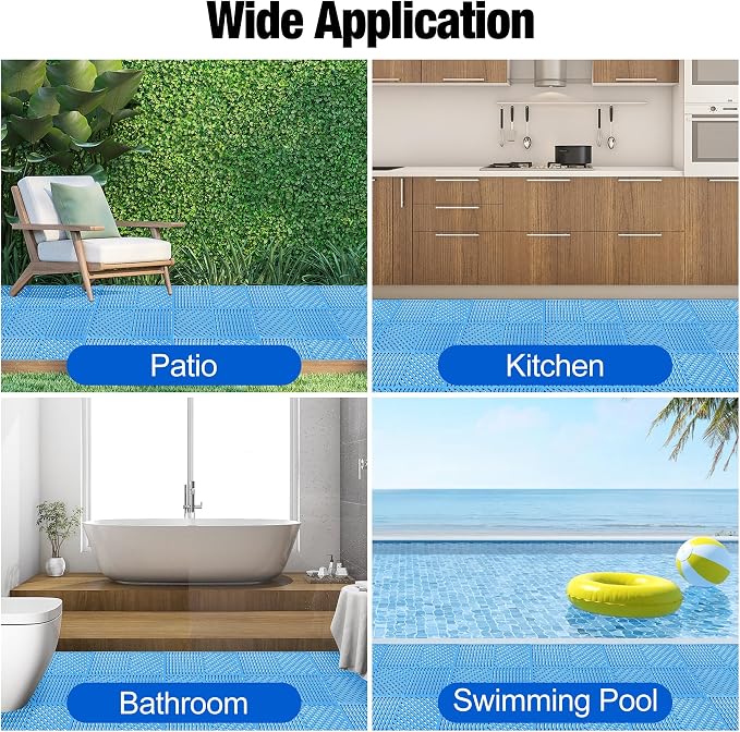 ToLanbbt Modular Interlocking Cushion 12P 11.8" x 11.8" Interlocking Rubber Floor Drain Holes Non-Slip Splicing Drainage Mats for Deck, Shower, Kitchen, Drain Pool, Sauna Bath (Blue, Diagonal)