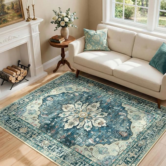 RELEANY Area Rugs 4'x6' Washable Non-Slip, Floral Vintage Distress Medallion Carpet for Living Room Bedroom Dining Room, Dark Blue Vintage