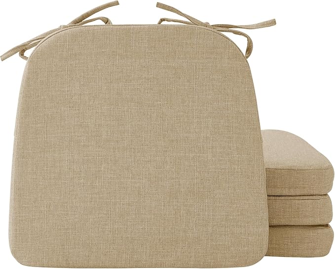 Ruqmuis Chair Cushions for Dining Chairs, 2" Thick Seat Cushions for Kitchen Chairs, D-Shaped Chair Pads with Washable Cover, Ties and Non Slip Backing, 17'' x 16'', Set of 4, Khaki