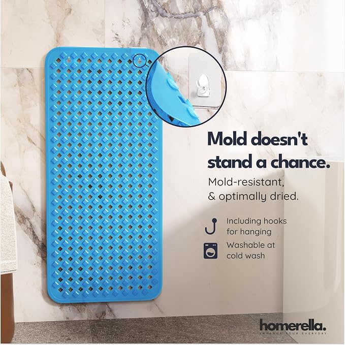 Bathtub Mat Non Slip 35x16 - homerella® Bath Mat Incl. Hooks for Drying, Extra Long, 100% BPA Free, Shower Mat Non Slip Anti Mold, Machine Washable, Shower Mats for Inside Shower Mildew Resistant