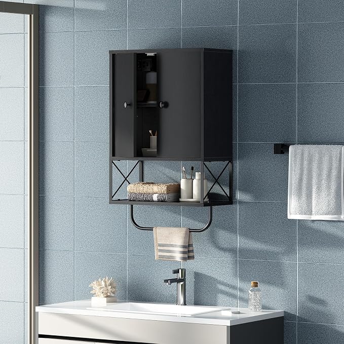 MAHANCRIS Bathroom Wall Cabinet with 2 Door and Adjustable Shelf, Farmhouse Medicine Cabinet with Towel Rack, 3-Tier Wall Mounted Storage Cabinet Over The Toilet for Bathroom Laundry Room, Black