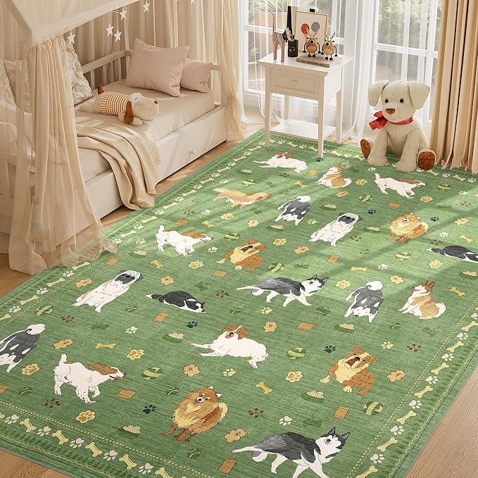 DUKINO 8x10 Area Rug, Non Slip Washable Animal Dog Rug for Living Room, Stain Resistant & Low Pile Indoor Floor Large Carpet for Bedroom, Farmhouse, Nursery, Dining Room, Kids Playroom, Green