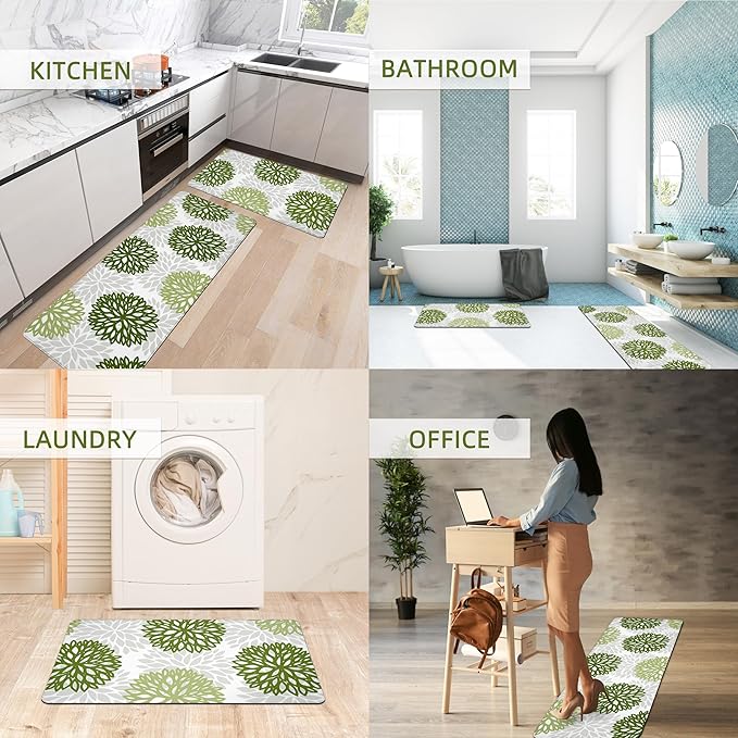 Kitchen Mats Set of 2 Cushioned Anti Fatigue Kitchen Rugs Non Slip Waterproof Kitchen Runner Memory Foam Kitchen Floor Mat Comfort Standing Mat for Sink,Office,Laundry, Green