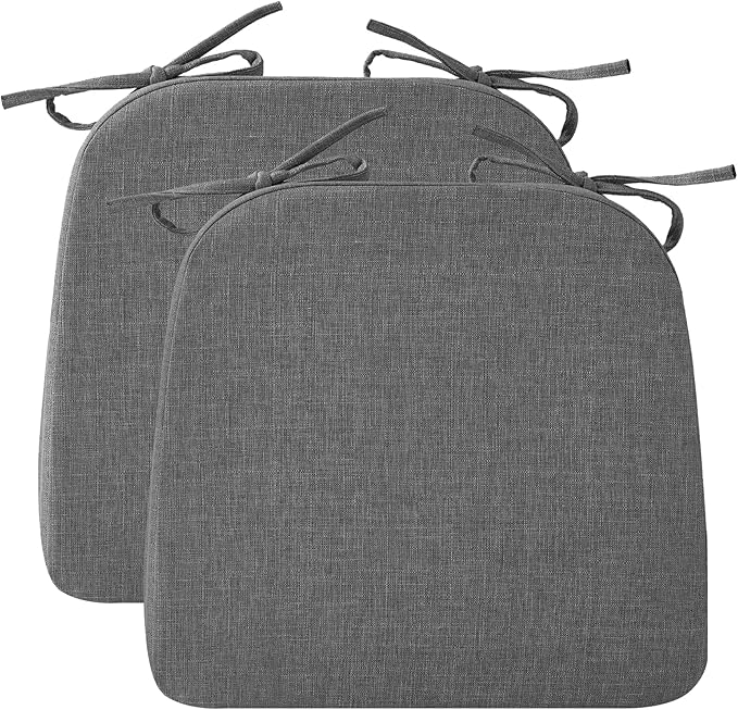 Ruqmuis Chair Cushions for Dining Chairs, 2" Thick Seat Cushions for Kitchen Chairs, D-Shaped Chair Pads with Washable Cover, Ties and Non Slip Backing, 17'' x 16'', Set of 2, Dark Grey
