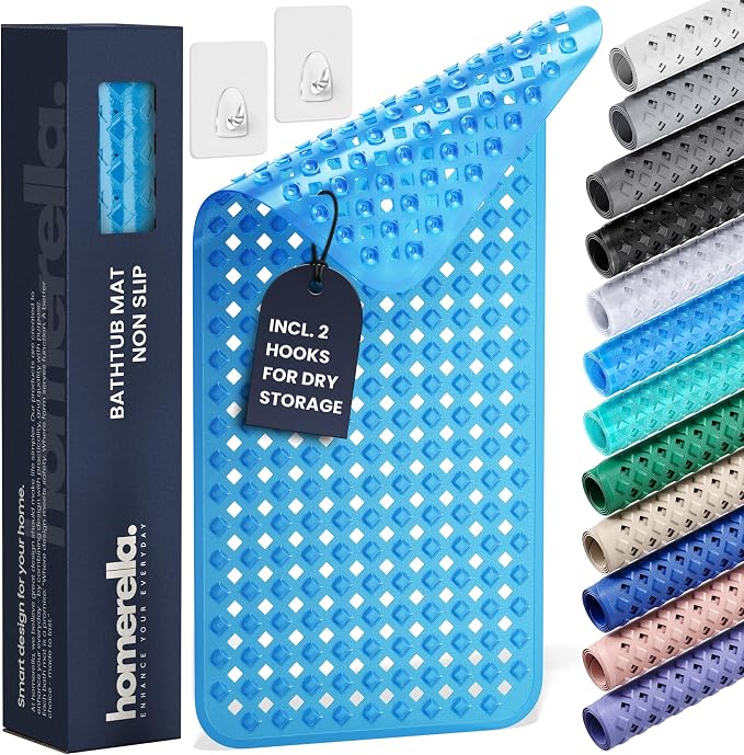 Bathtub Mat Non Slip 35x16 - homerella® Bath Mat Incl. Hooks for Drying, Extra Long, 100% BPA Free, Shower Mat Non Slip Anti Mold, Machine Washable, Shower Mats for Inside Shower Mildew Resistant