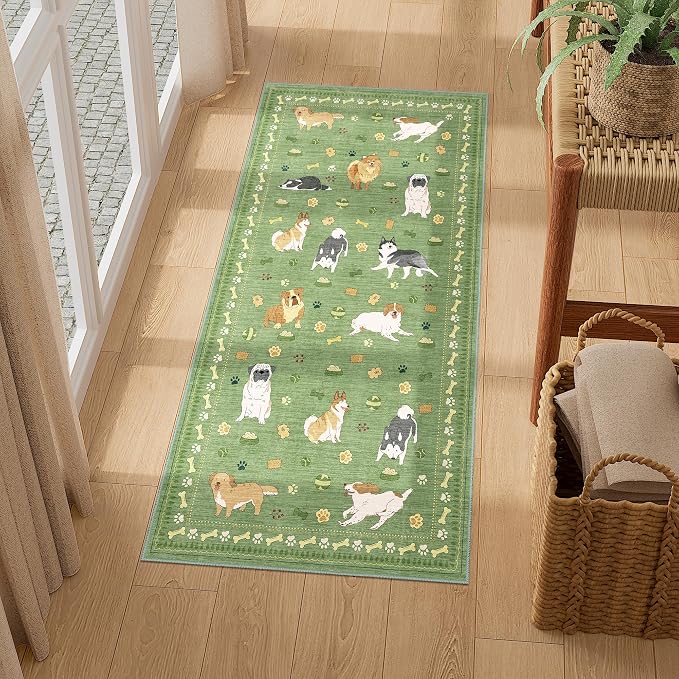DUKINO 2x4 Runner Rug for Entryway, Animal Dog Print Washable Kitchen Rug with Non Slip, Low Pile Indoor Door Mat Non Shedding Small Throw Carpet Runner for Hallway, Bathroom, Laundry, Bedroom, Green
