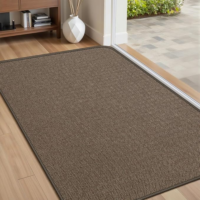 Ultra Thin Door Mat Indoor Entrance 24"x36", Low-Profile Indoor Door Mat, Non Slip Rubber Backing Welcome Entry Mat, Dirt Trapper Entryway Mat Inside Doormat, Brown