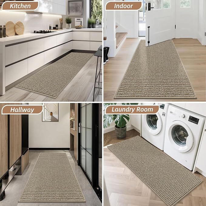BEQHAUSE Dirt Trapper Door Mat 24" x 60", Non-Slip Washable Doormats Entrance Mat, Dirt Resistant and Absorbent Welcome Mat, Low Profile Floor Mats for Front Back Door and Entryway, Light Beige