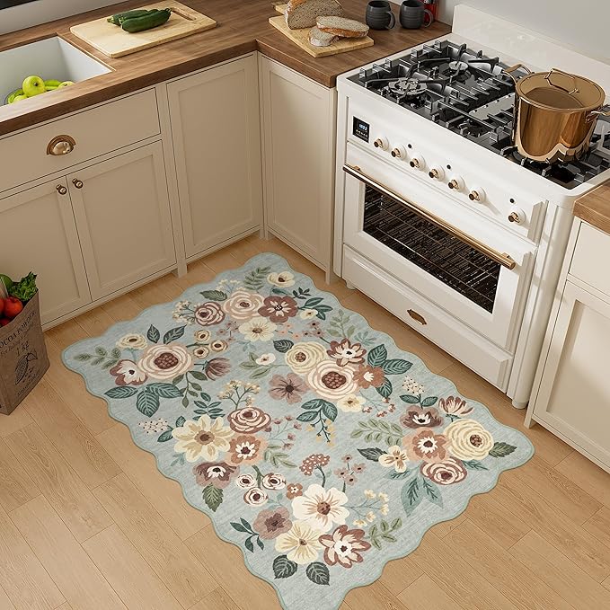 DUKINO 2x3 Entryway Rug, Floral Washable Indoor Door Mat with Non-Slip Backing, Soft Low Pile Small Front Door Throw Rugs for Entryway, Kitchen, Bedroom, Laundry, Bathroom, Sage Green