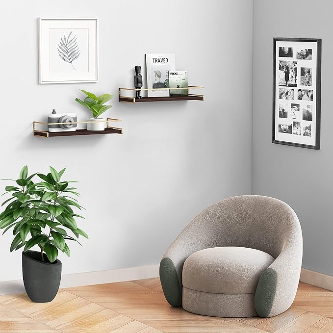 Floating Shelves Bathroom Shelves Over Toilet Set of 2, Bathroom Wall Shelves with Towel Bar, Wall Mounted Vanity Shelf for Bedroom, Kids Room, Kitchen (Brown & Gold)