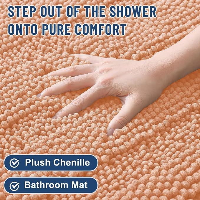 Grandaily Chenille Striped Bathroom Rugs 24x16, Extra Thick and Soft Absorbent Bath Mats, Rubber Backing, Plush Shaggy Shower Carpet, Machine Wash Dry, Bath Rug for Bathroom, Peach