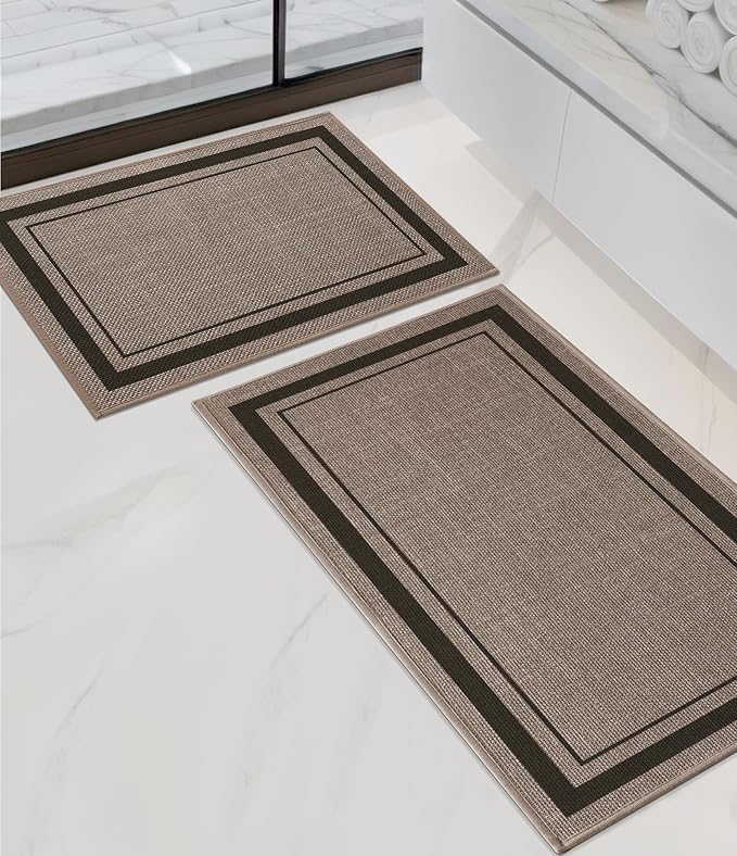 chakme 2 Piece Bathroom Rug Sets, Ultra Thin Bath Mat,Absorbent,Non Slip, Machine Washable, Dark Beige, 17"x24"+17"x32"