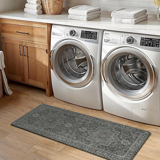 GENIMO Kitchen Mats for Floor 2PCs, Washable Anti Fatigue Mat for Cushioned, 17.3"x47"+17.3"x30", Waterproof Kitchen Rugs, Non Slip Comfort Standing Mat Rug for Home, Sink, Laundry, Dusky Green