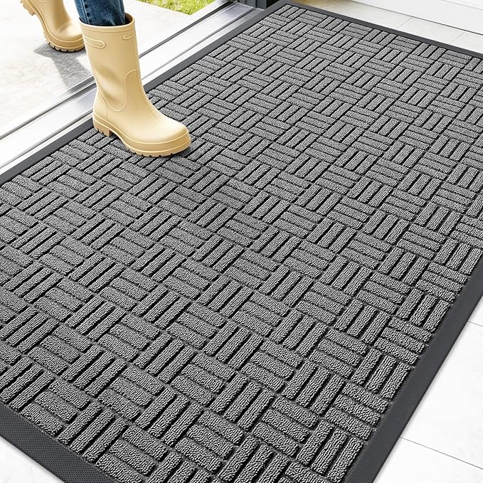 OLANLY Front Door Mat Outside Entrance 47x32, Absorbent, Heavy Duty Sturdy Natural Rubber Doormat Indoor Outdoor, Stain and Fade Resistant, Non-Slip Backing Low Profile Floor Mat for Entryway, Grey