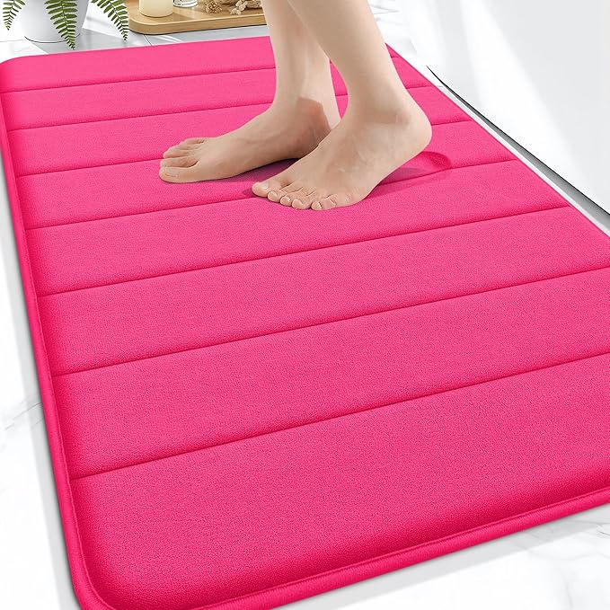 OLANLY Memory Foam Bath Mat 30x20, Super Soft Absorbent Bathroom Rugs, Quick Dry, Machine Washable Shower Floor Rugs, Bathmat Carpet, Bathroom Home Decor Accessories, Hot Pink