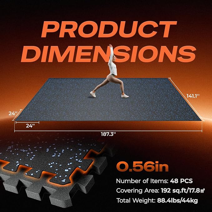 SUPERJARE 0.56'' Thick 48 Pcs 192 Sq Ft Rubber Top Exercise Equipment Mats, High Density EVA Foam Mats with Rubber Top, Interlocking Gym Flooring for Home Gym, Protective Workout Mat, Black/Blue
