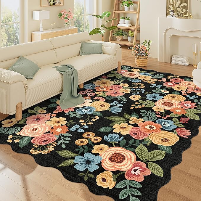 DUKINO 6x9 Area Rug, Floral Washable Rugs for Living Room with Non Slip Backing & Non-Shedding, Lightwight Low Pile Boho Design Large Carpets for Bedroom, Living Room, Dining Room, Black