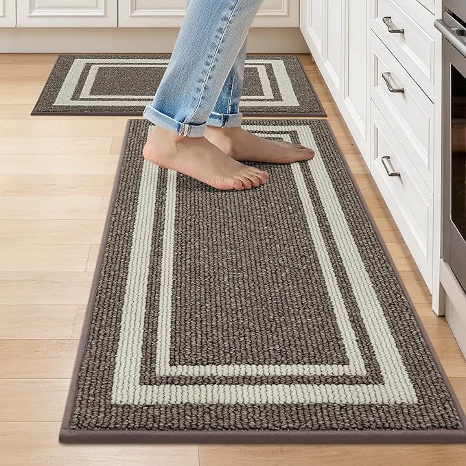 COSY HOMEER Kitchen Rugs Non-Slip 20x30/20x48 Inch Thick Polypropylene Standing Mat for Home Machine Washable, Brown Frame