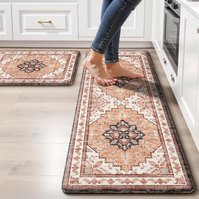 Boho Kitchen Mats for Floor 2 Piece Set Anti Fatigue Cushioned PVC Kitchen Rugs Non Slip Waterproof Farmhouse Mats 2/5 Inch Comfort Standing Mat for Sink, Laundry, 17.3"x47"+17.3"x28", Orange