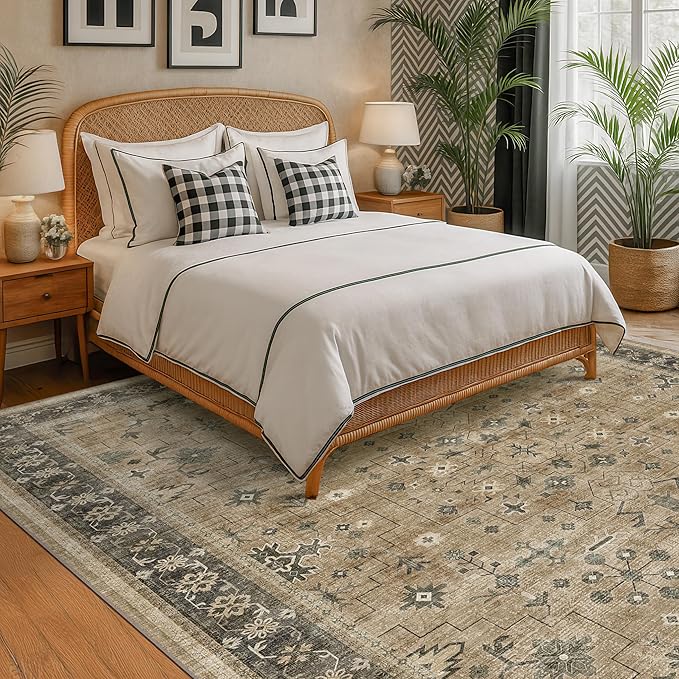 Taupe and Sage 8x10 Living Room Rug, Oriental Large Area Rug for Dining Room Under Table, Natural Washable Low Pile Bedroom Carpet, Non-Slip Stain Resistant Indoor Door Mat