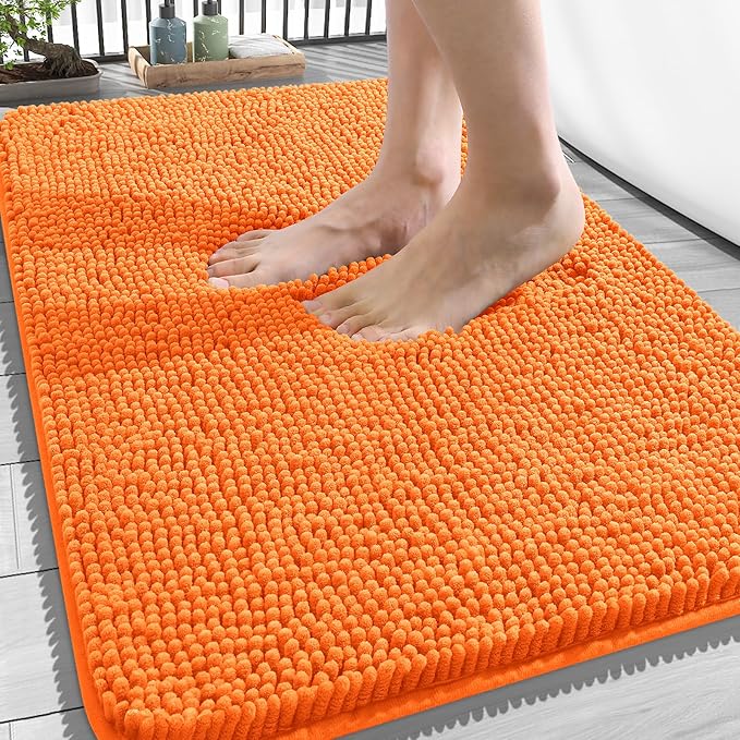 OLANLY Bathroom Rugs 34x21, Extra Soft Absorbent Chenille Bath Rugs, Rubber Backing Quick Dry, Machine Washable Bath Mats for Bathroom Floor, Tub and Shower, Home Decor Accessories, Orange