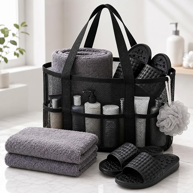 Hosuly 3-in-1 Travel Gym Dorm Shower Kit, Mesh Shower Caddy with 2 Quick Dry Towels and Non-slip Shoes, College Bathroom Essentials for Camping, Hotel and Workout(Gray and Black,10.5–11 Men(eu 44-45))