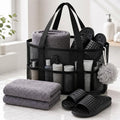 Hosuly 3-in-1 Travel Gym Dorm Shower Kit, Mesh Shower Caddy with 2 Quick Dry Towels and Non-slip Shoes, College Bathroom Essentials for Camping, Hotel and Workout(Gray and Black,10.5–11 Men(eu 44-45))
