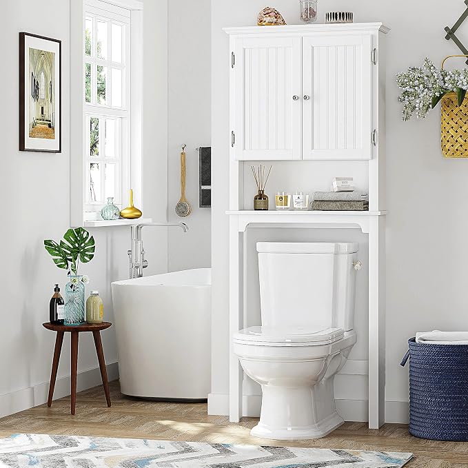 UTEX Over The Toilet Storage Cabinet, Over Toilet Bathroom Organizer with Adjustable Shelves and Double Doors, White
