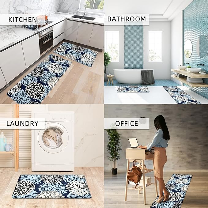Kitchen Mats Set of 2 Cushioned Anti Fatigue Kitchen Rugs Non Slip Waterproof Kitchen Runner Memory Foam Kitchen Floor Mat Comfort Standing Mat for Sink,Office,Laundry, Navy Blue