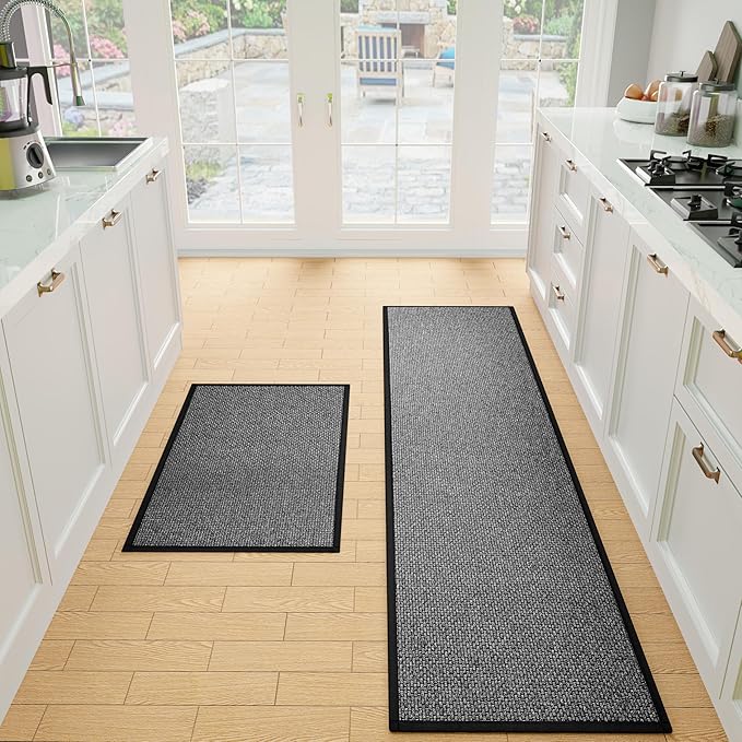 SUMLANS Kitchen Mat Set of 2 PCS, Cushioned Non Slip Rugs for Kitchen Floor, Absorbent Runner Comfort Standing Mats Washable for Kitchen, Office, Home (Black, 17.3"x30"+17.3"x71")