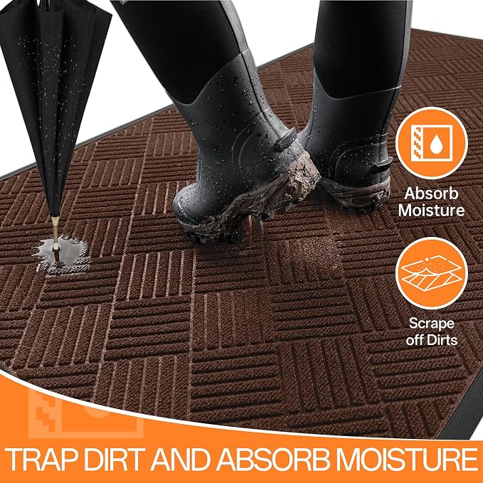 Indoor Outdoor Door Mat, 6’x 3' Doormat for Entryway, Rubber Backing Non Slip Front Door Mat Outside Entrance, Super Absorbent Commercial Floor Mat for Home Office, Brown