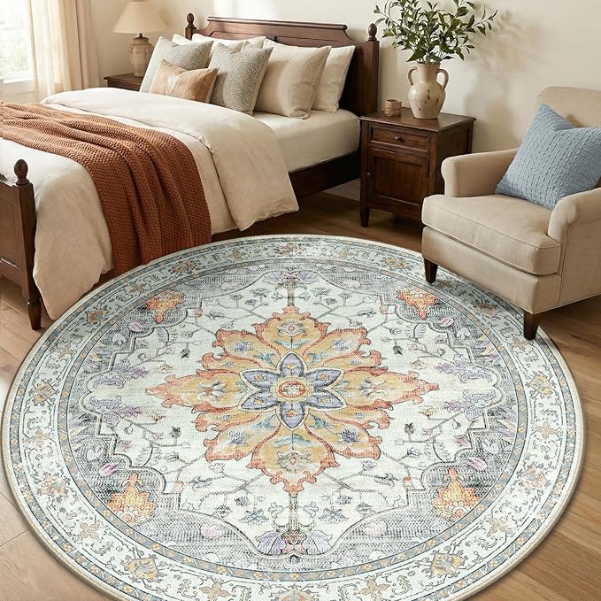RELEANY Area Rugs Round 6ft Washable Non-Slip, Floral Vintage Distress Medallion Carpet for Living Room Bedroom Dining Room, Beige Carbon Grey Orange