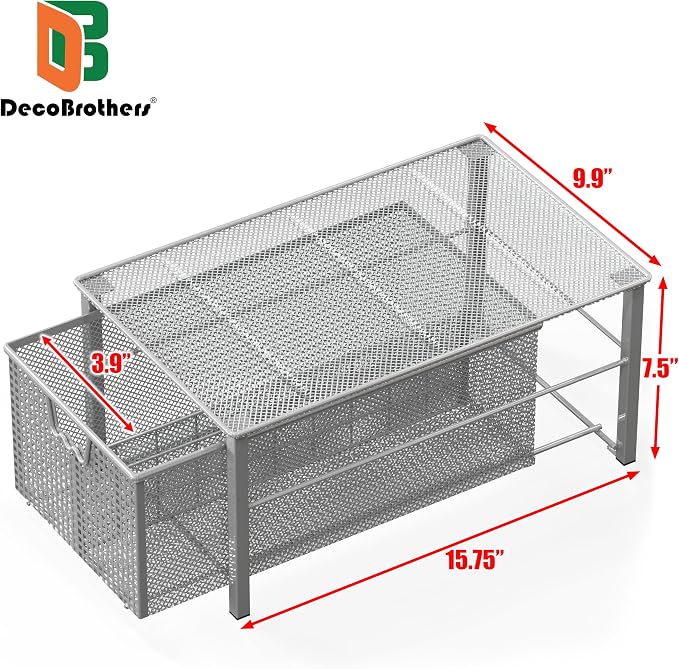 Deco Brothers Stackable Pull Out Cabinet Sliding Basket with Dividers, Large, Silver