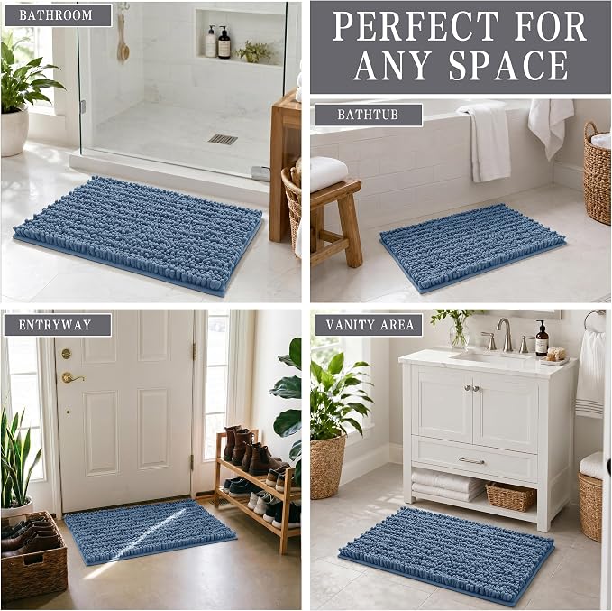 Yimobra Bathroom Rugs Non Slip Washable - Ultra Soft Absorbent Chenille Bath Mat, Quick Dry Shaggy Floor Carpet for Tub Shower, Denim Blue Home Decor Accessories, 24x17 Inch