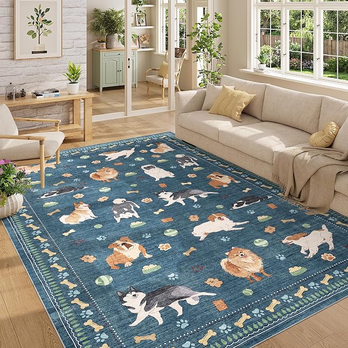 DUKINO 6x9 Rug for Living Room, Lightweight Animal Dog Print Washable Area Rug, Soft Non Slip & Low Pile Floor Mat, Stain Resistant Large Carpet for Bedroom, Nursery, Dining Room, Kids Playroom, Blue
