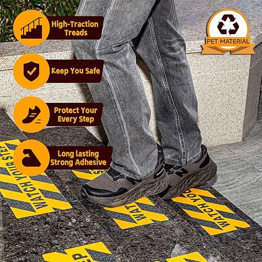 LifeGrip Anti Slip Traction Treads (5-Pack), 6" X 20", Yellow and Black, Best Grip Tape Grit Non Slip, Outdoor Non Skid Tape, High Traction Friction Abrasive Adhesive for Stairs Step, Watch Your Step