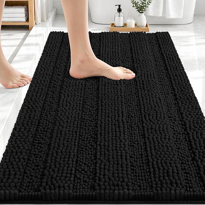 OLANLY Thick Bathroom Rugs 30x20, Extra Soft Absorbent Chenille Striped Bath Rugs, Rubber Backing, Machine Wash Dry, Bath Mats for Bathroom Floor, Tub and Shower, Home Decor Accessories, Black