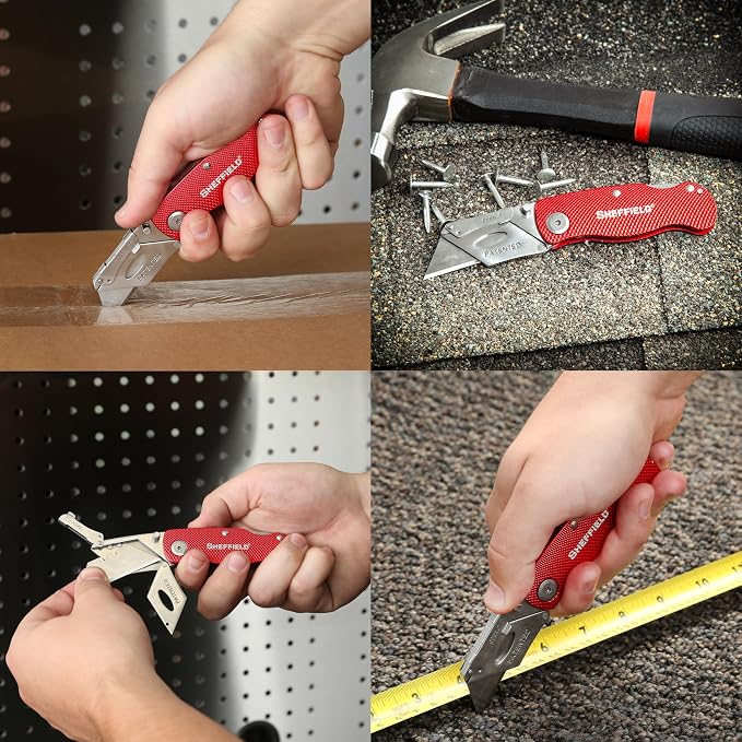 Sheffield Folding Utility Knife, Accepts Standard Utility Knife Blades, Box Cutter Aluminum Handle, Razor Blades Included, For Home, Office, Trades, and Warehouse
