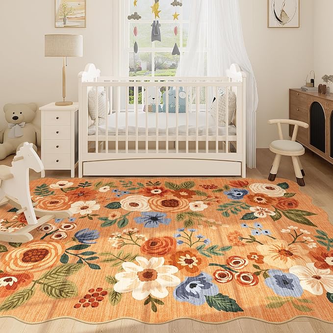 DUKINO 5x7 Area Rug, Floral Washable Rugs for Living Room with Non Slip Backing & Non-Shedding, Lightwight Low Pile Boho Design Large Carpets for Bedroom, Living Room, Dining Room, Orange