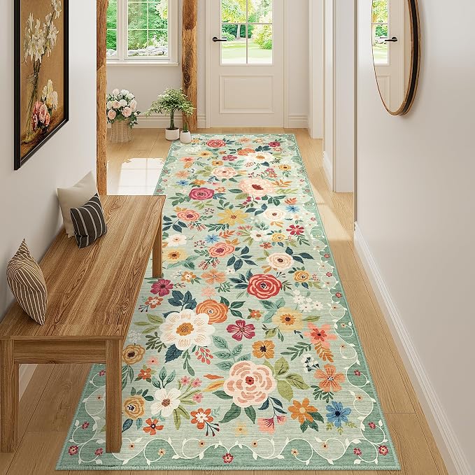 DUKINO 3x8 Runner Rug, Washable Rug for Kitchen with Non Slip Backing, Soft Non Shedding & Low Pile Design Long Floor Carpet Runner for Hallway, Bathroom, Entryway, Laundry, Green