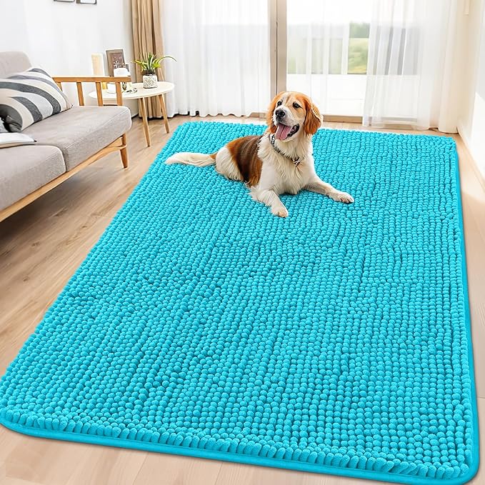 Smiry Dog Door Mat for Muddy Paws 70x32, Absorbent Dirt Trapper, Non-Slip Washable Chenille Entryway Rug for Inside Floor, Aqua Blue, Classic Solid