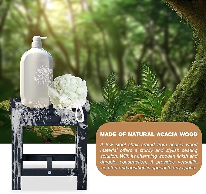 VICTORY RELAX 12 Inch Wooden Black Step Stool, Small Nature Beach Chair Under Desk, Indoor Acacia Wood Short Footstool for Living Room, Kitchen, Bathroom