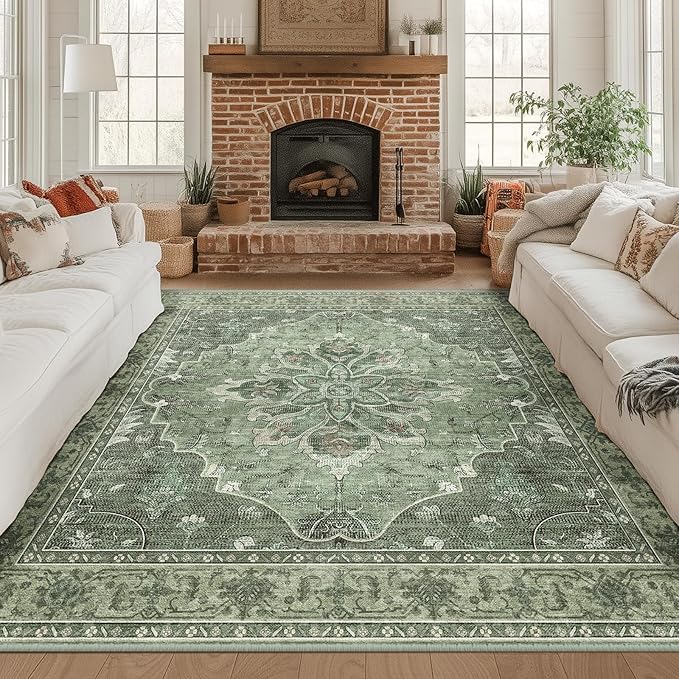 RELEANY Area Rugs Square 8ft Washable Non-Slip, Floral Vintage Distress Medallion Carpet for Living Room Bedroom Dining Room, Dark Green Gray