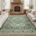 RELEANY Area Rugs Square 8ft Washable Non-Slip, Floral Vintage Distress Medallion Carpet for Living Room Bedroom Dining Room, Dark Green Gray