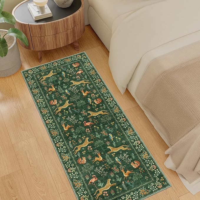 DUKINO 2x5 Rug for Hallway, Washable Kitchen Runner Rug with Non Slip Backing, Soft Low Pile Vintage Animal Runner for Bedroom, Kitchen, Hallway, Entryway, Laundry, Green