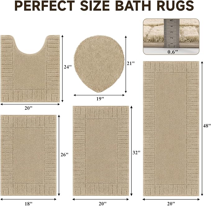 Pauwer Bathroom Rugs Set 5 Piece Non Slip Washable Bath Mat Set with U Shaped Contour Toilet Rugs Plush Absorbent Microfiber Shower Mat and Toilet Lid Cover for Bathroom, Beige