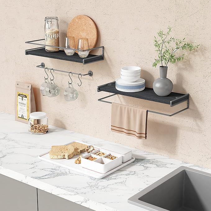 Forbena Black Floating Shelves for Bathroom Wall Set of 2, Kitchen Spice Rack Wall Mount, Modern Wood Hanging Wall Shelves for Bedroom Organizer, Restroom Pantry Closet Storage (Grey-Black)