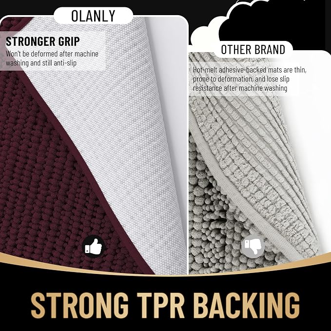 OLANLY Thick Bathroom Rugs 36x24, Extra Soft Absorbent Chenille Bath Rugs, Rubber Backing, Machine Wash Dry, Bath Mats for Bathroom Floor, Tub and Shower, Home Decor Accessories, Black Cherry